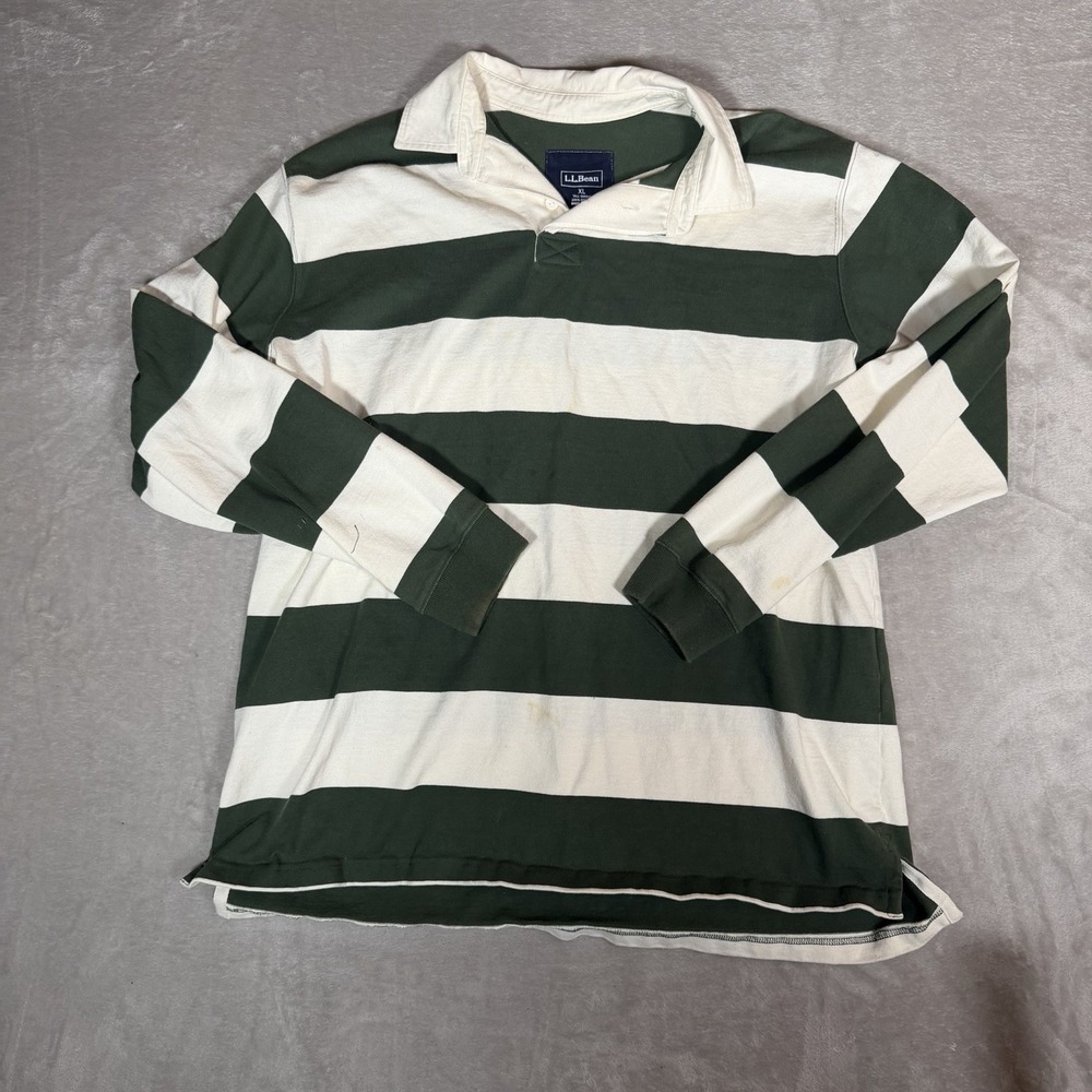 L.L.Bean Rugby Shirt Men XL Tall Green Cream Striped Long Sleeve Cotton Preppy